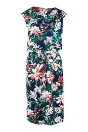Product shot of The Lined Jersey Cap Sleeve Dress in colour Botanical (Blue), from the front