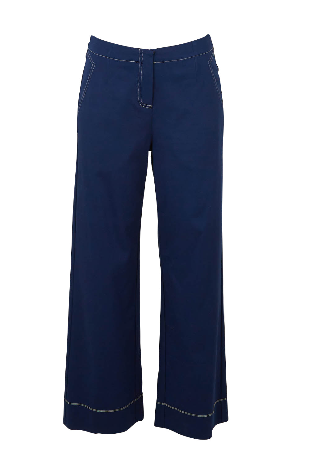 Product shot of The Contrast Stitching Stretch Pant in colour Navy (Blue), from the front