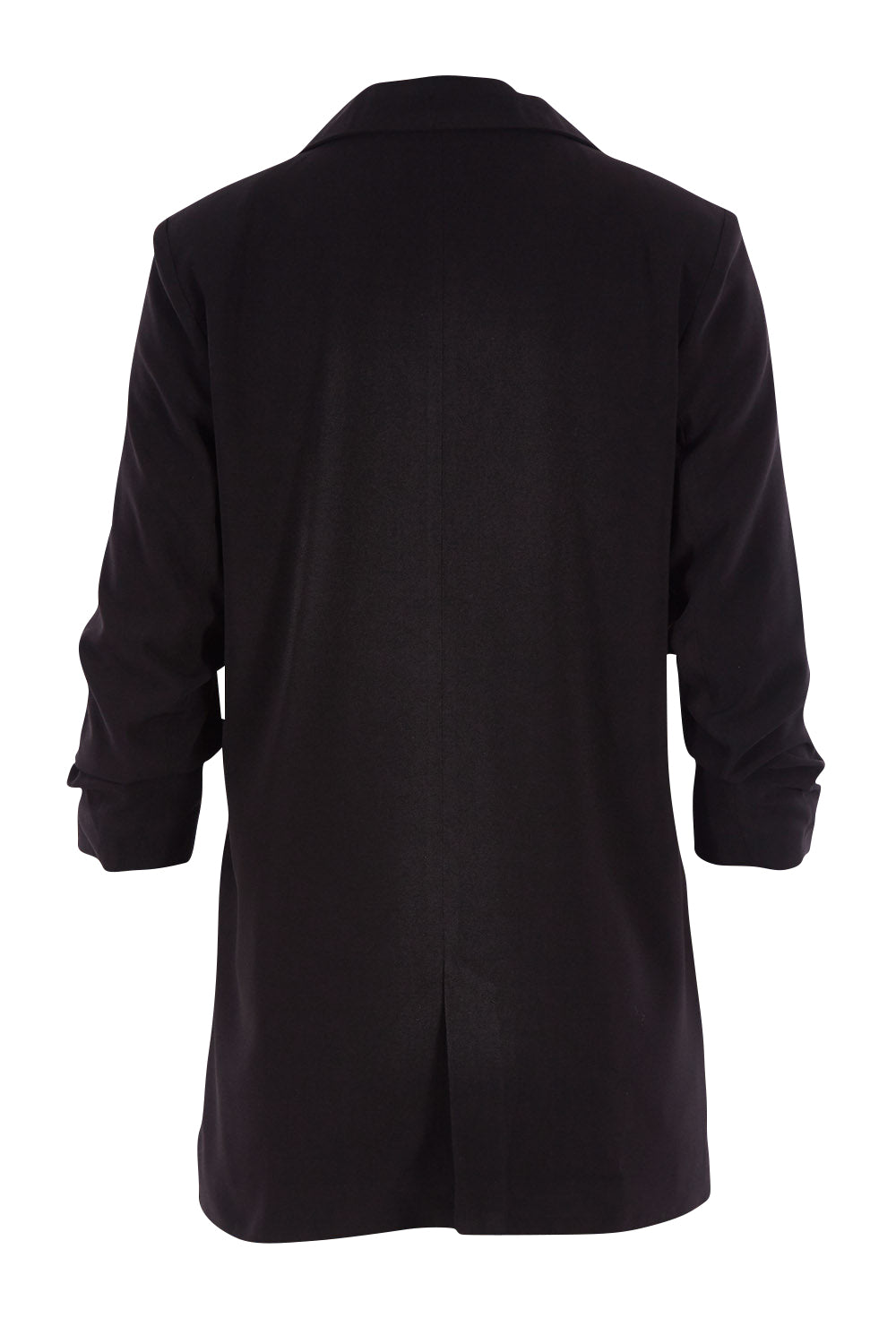 Product shot of The Soft Fall Ruched Sleeve Blazer in colour Black (Black), from the back