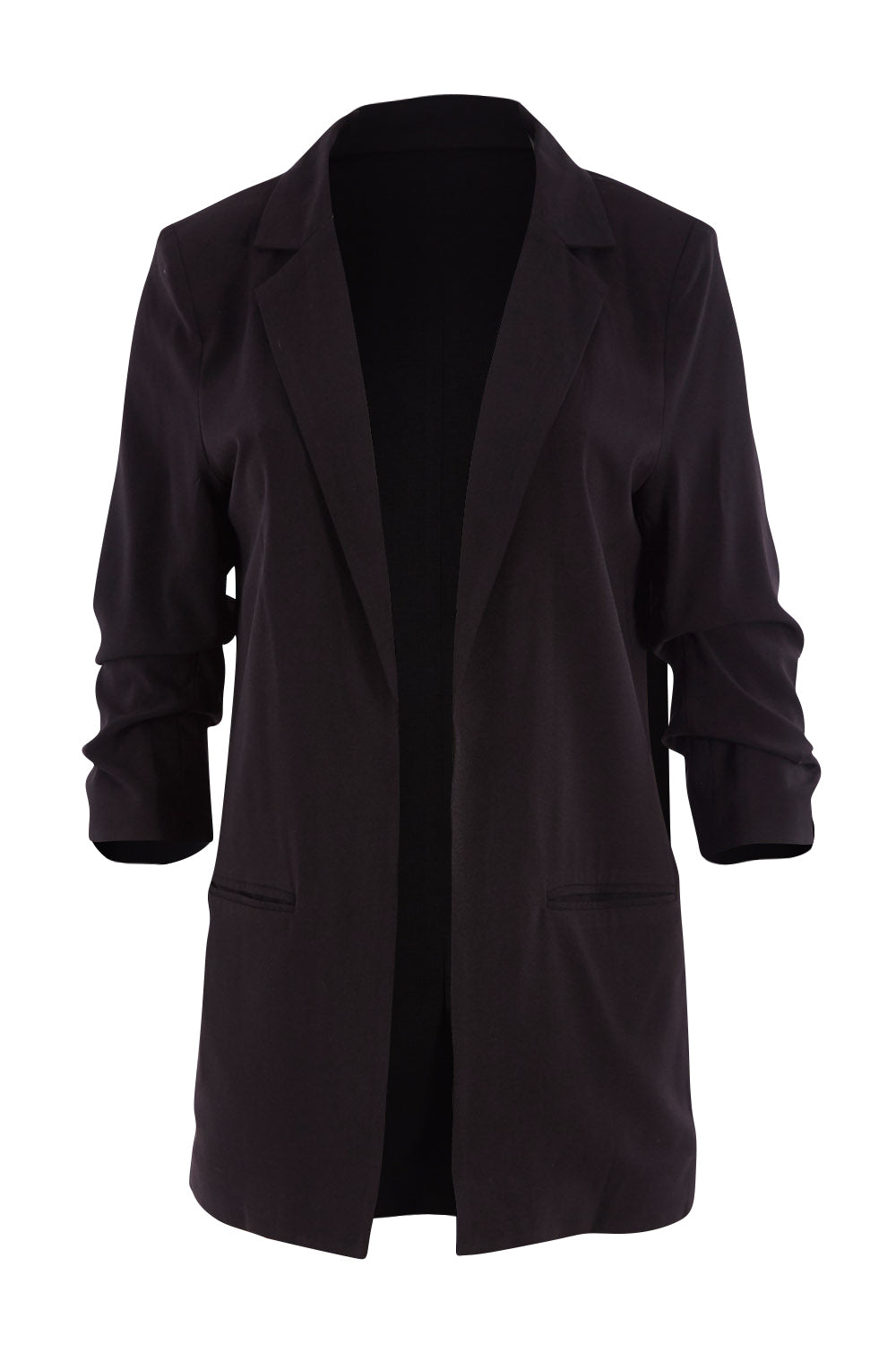 Product shot of The Soft Fall Ruched Sleeve Blazer in colour Black (Black), from the front