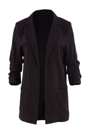 Product shot of The Soft Fall Ruched Sleeve Blazer in colour Black (Black), from the front