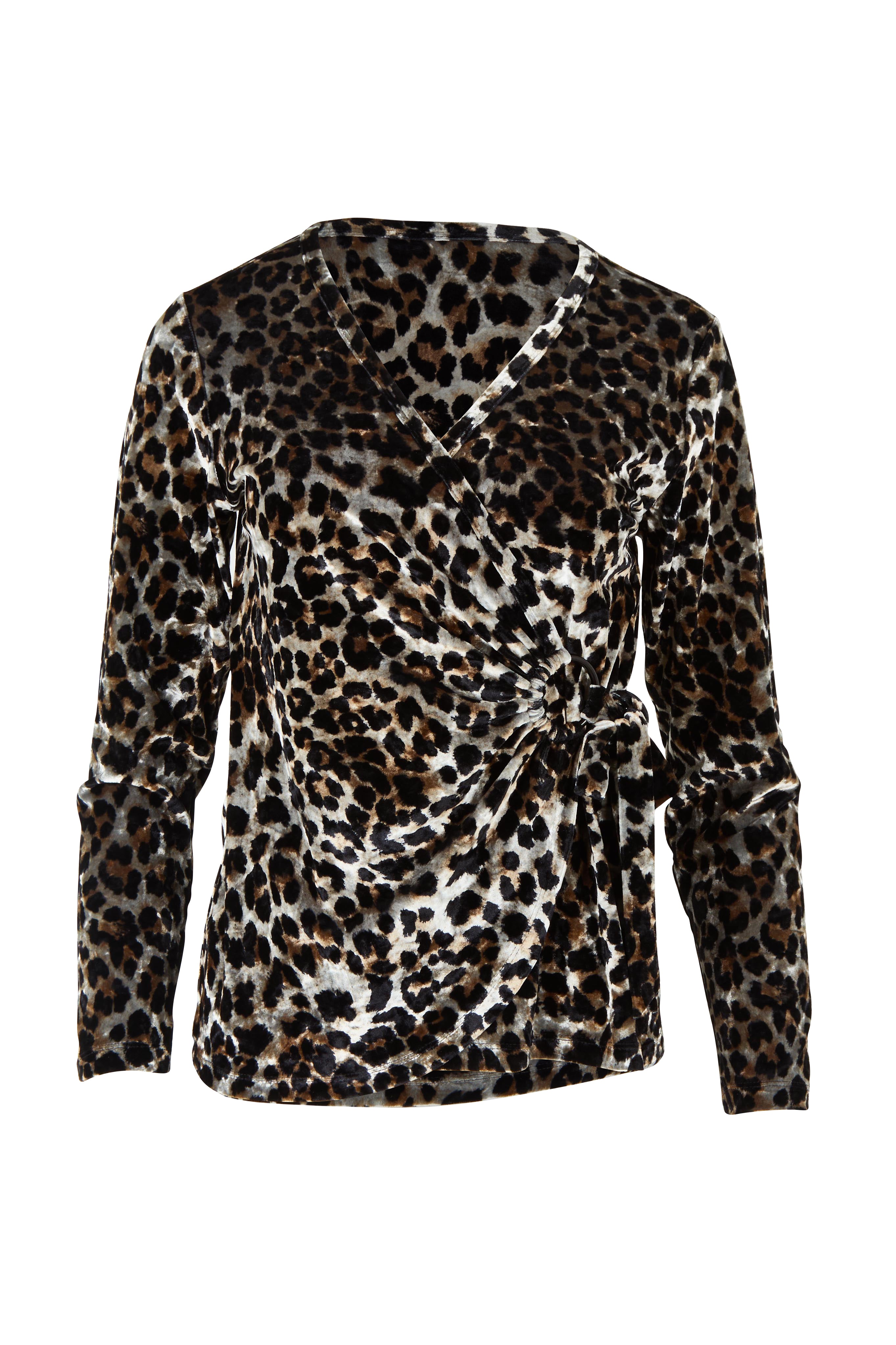 Product shot of The Printed Velvet Side Ring Detail Top in colour Leopard (Black), from the front