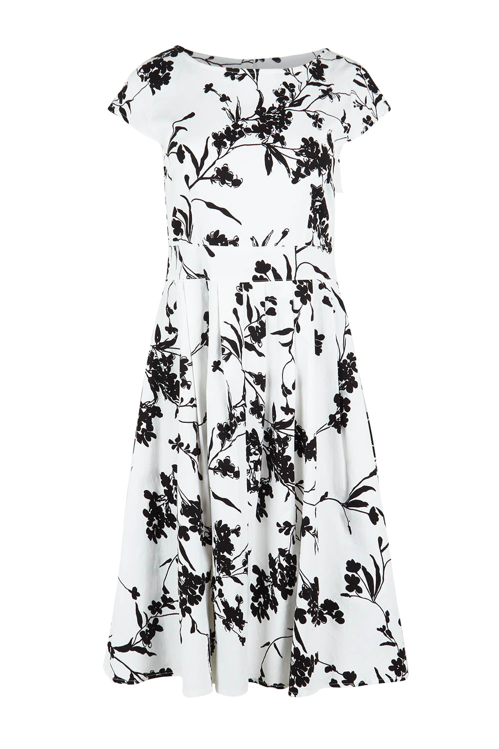 Product shot of The Pleated Cotton Stretch Dress in colour Monofleur (White), from the front