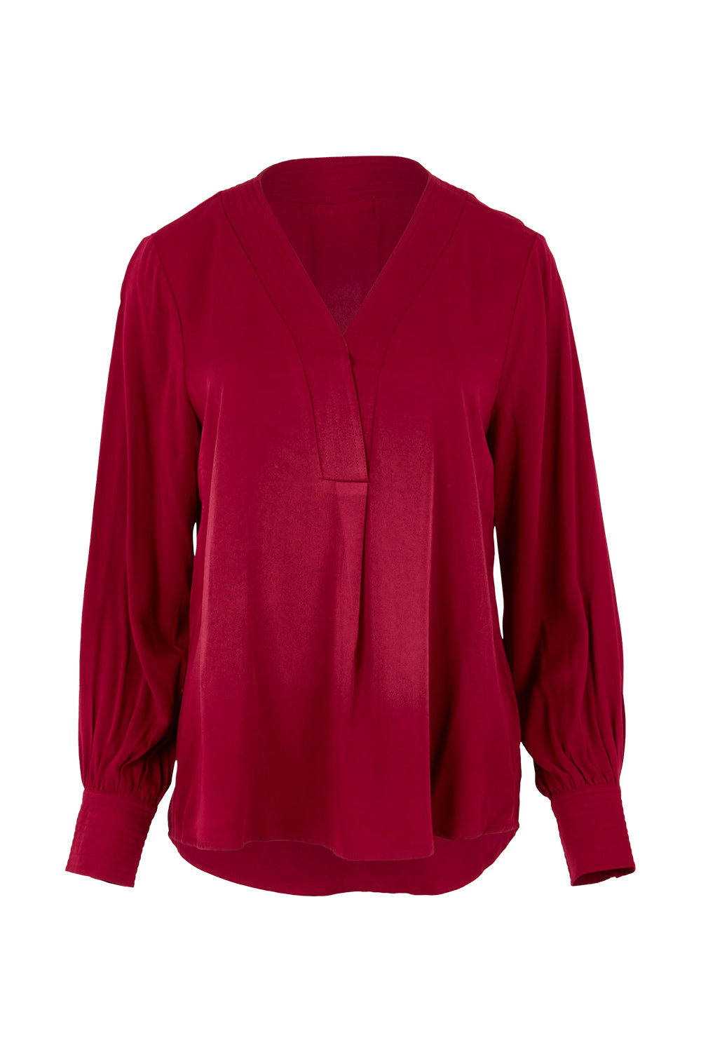 Product shot of The Button Detail Cuff Blouse in colour Garnet (Red), from the front