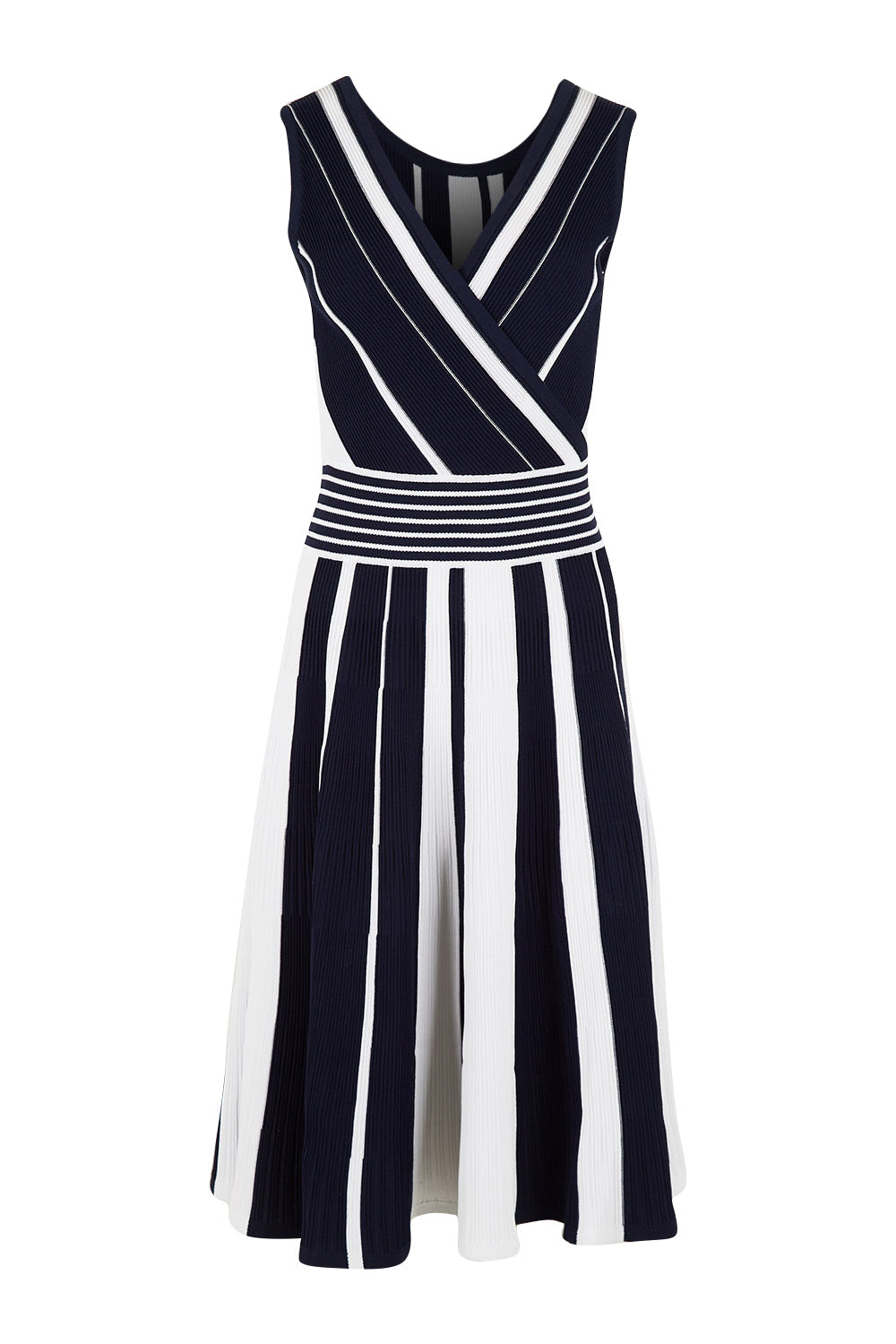 Product shot of The Reversible Knit Dress in colour Navystripe (Blue), from the front