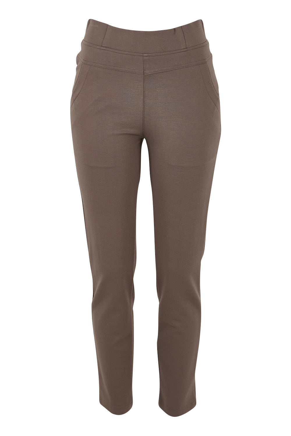 Product shot of The High Rise Pull On Ponte Pant in colour Taupe, from the front
