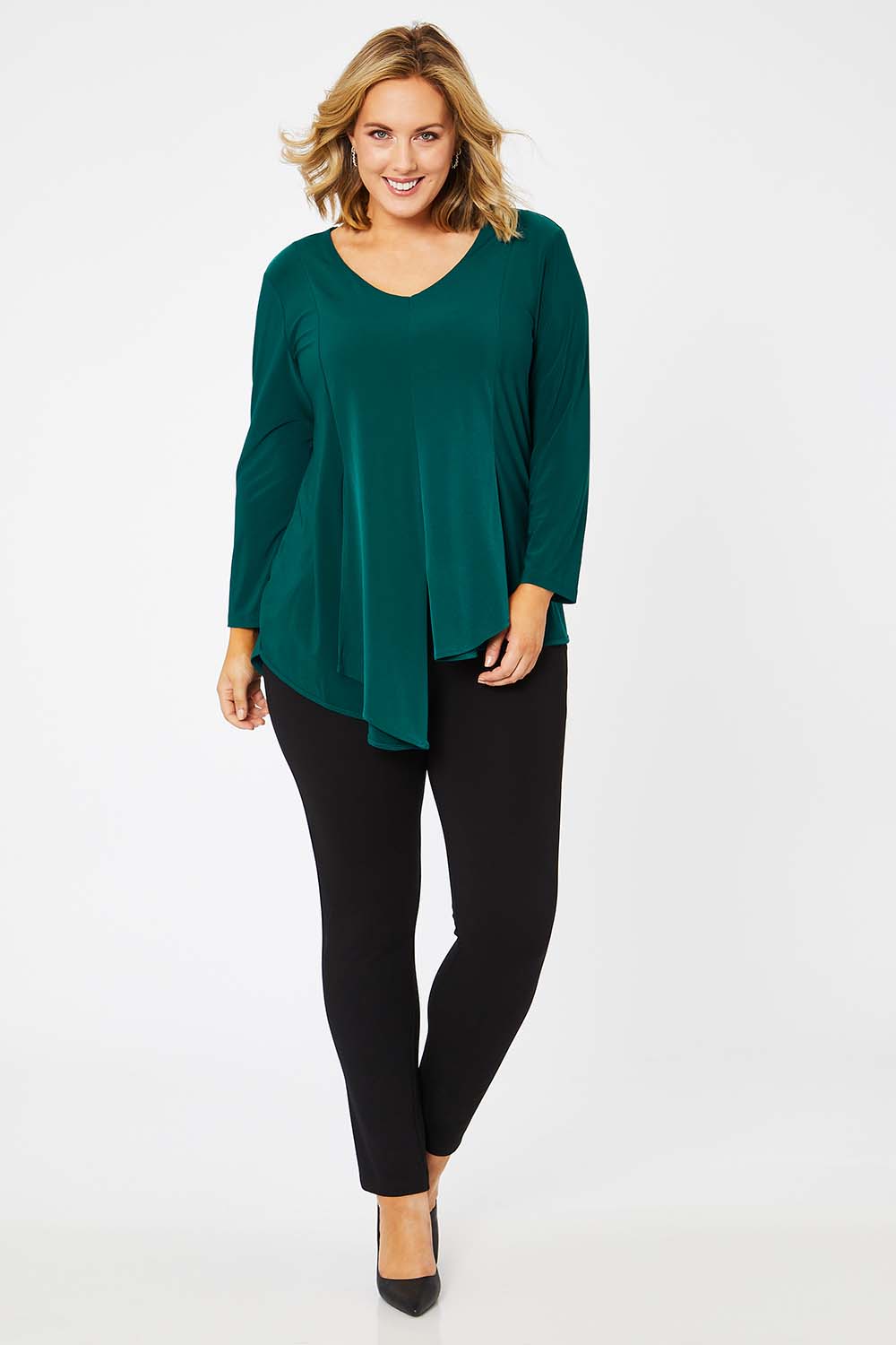 Model Jess wearing size 14 of The Fold Detail Blouse in colour Forest (Green), from the front, showing the whole outfit