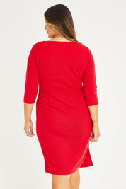 Model Palatina wearing size 16 of The Square Neck Tapered Dress in colour Red (Red), from the back