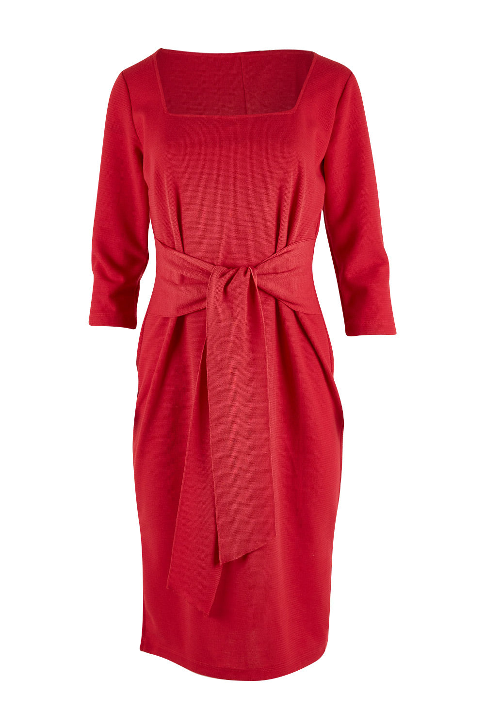 Product shot of The Square Neck Tapered Dress in colour Red (Red), from the front