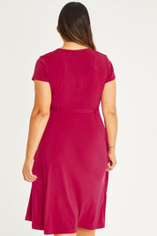 Model Palatina wearing size 16 of The Fit And Flare Jersey Dress in colour Cerise (Pink), from the back