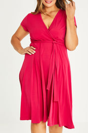 Model Palatina wearing size 16 of The Fit And Flare Jersey Dress in colour Cerise (Pink), from the front, cropped image