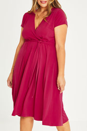 Model Palatina wearing size 16 of The Fit And Flare Jersey Dress in colour Cerise (Pink), from the front, cropped image