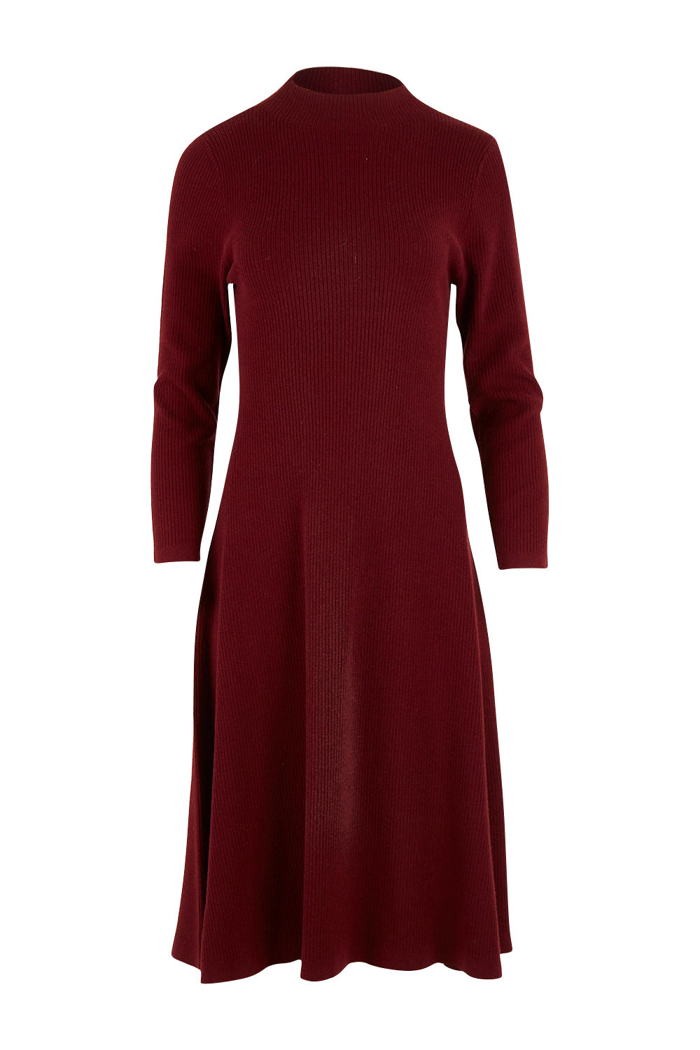 Product shot of The Fit And Flare Knitted Rib Dress in colour Burgundy (Red), from the front