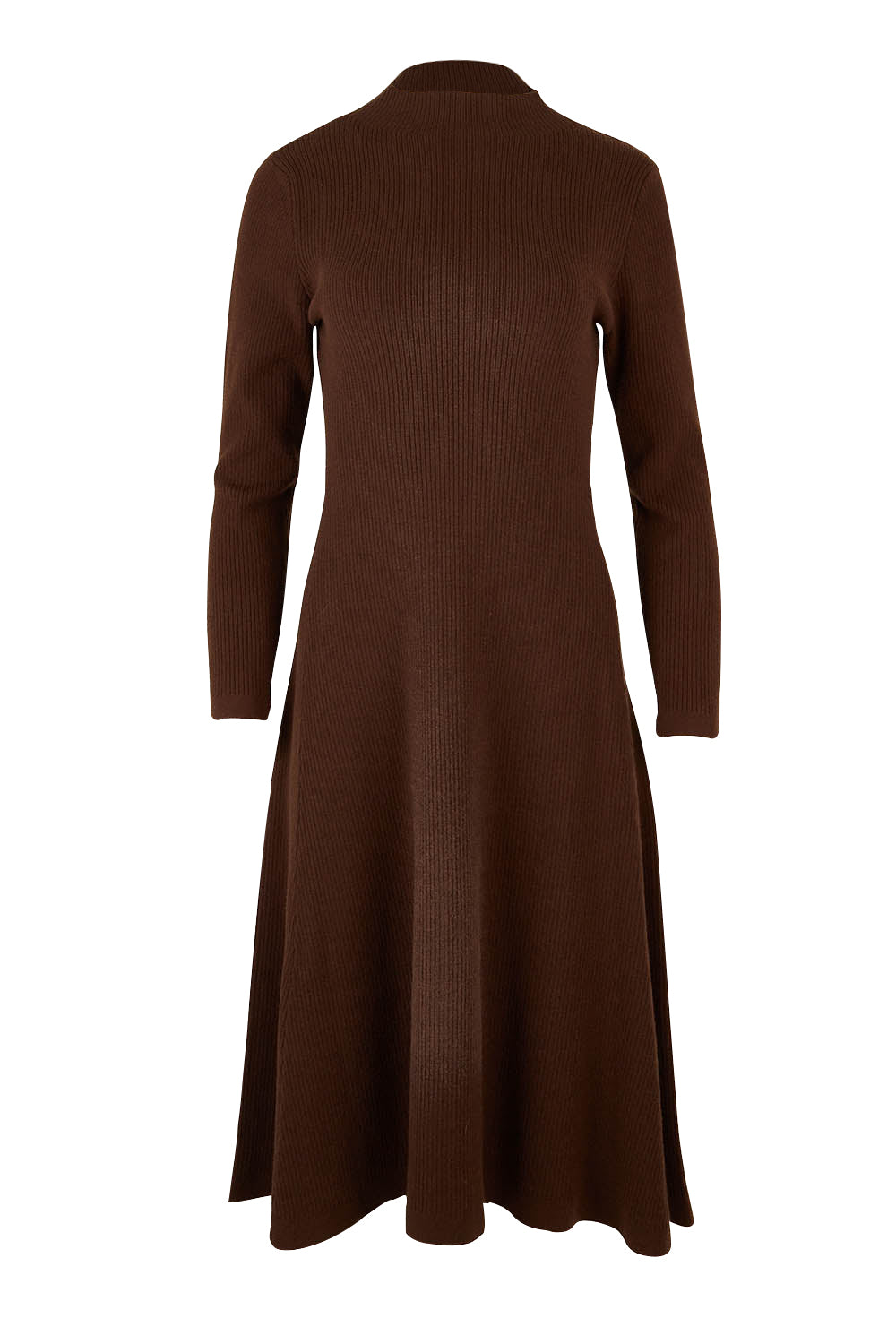 Product shot of The Fit And Flare Knitted Rib Dress in colour Chocolate, from the front