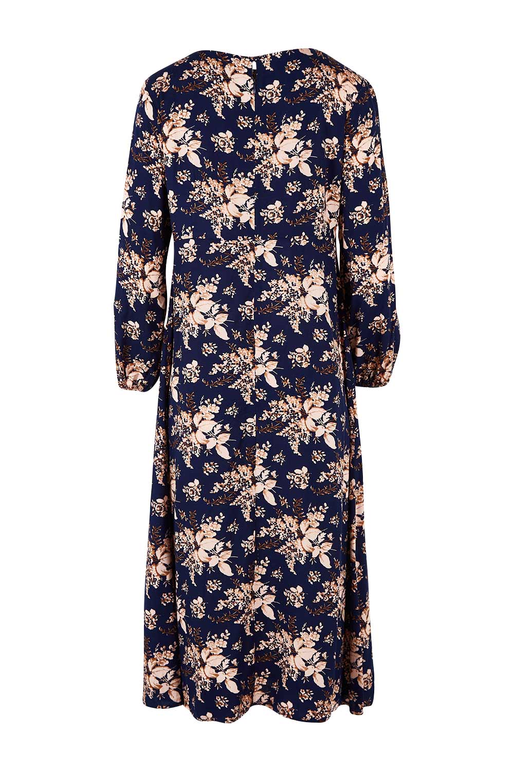 Product shot of The Printed Rayon Dress in colour Floral (Blue), from the back