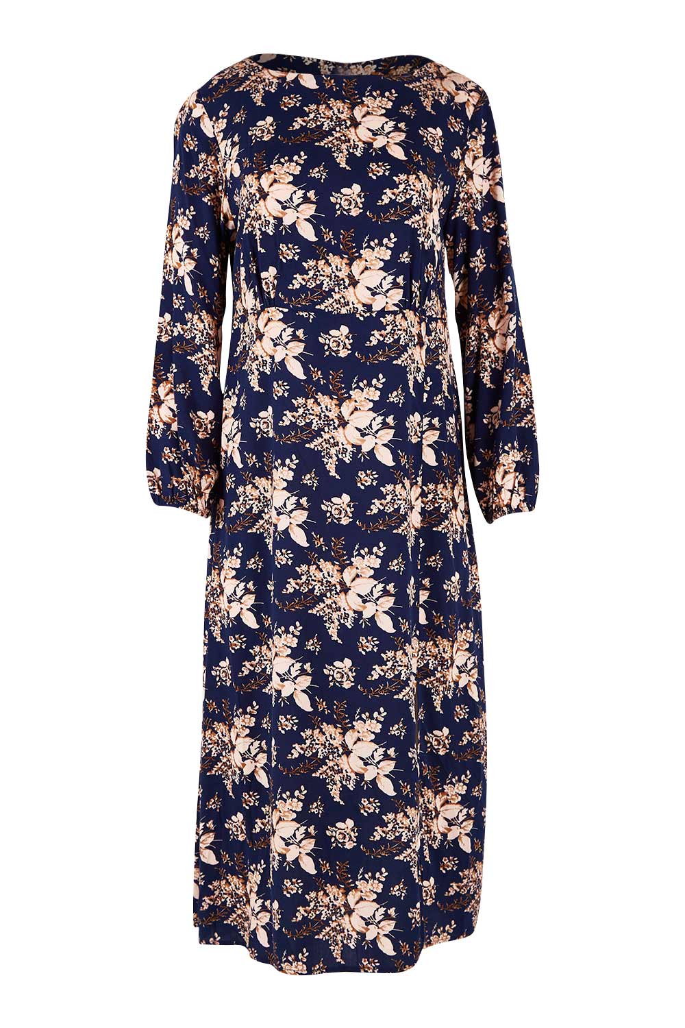 Product shot of The Printed Rayon Dress in colour Floral (Blue), from the front