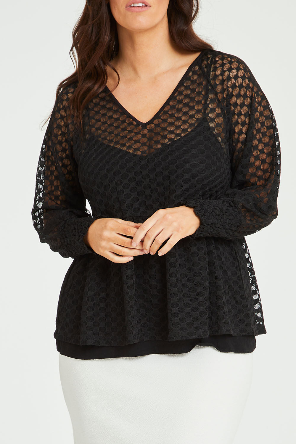 Model Laura wearing size 14 of The Smocked Cuff Lace Blouse in colour Black (Black), from the front, cropped image