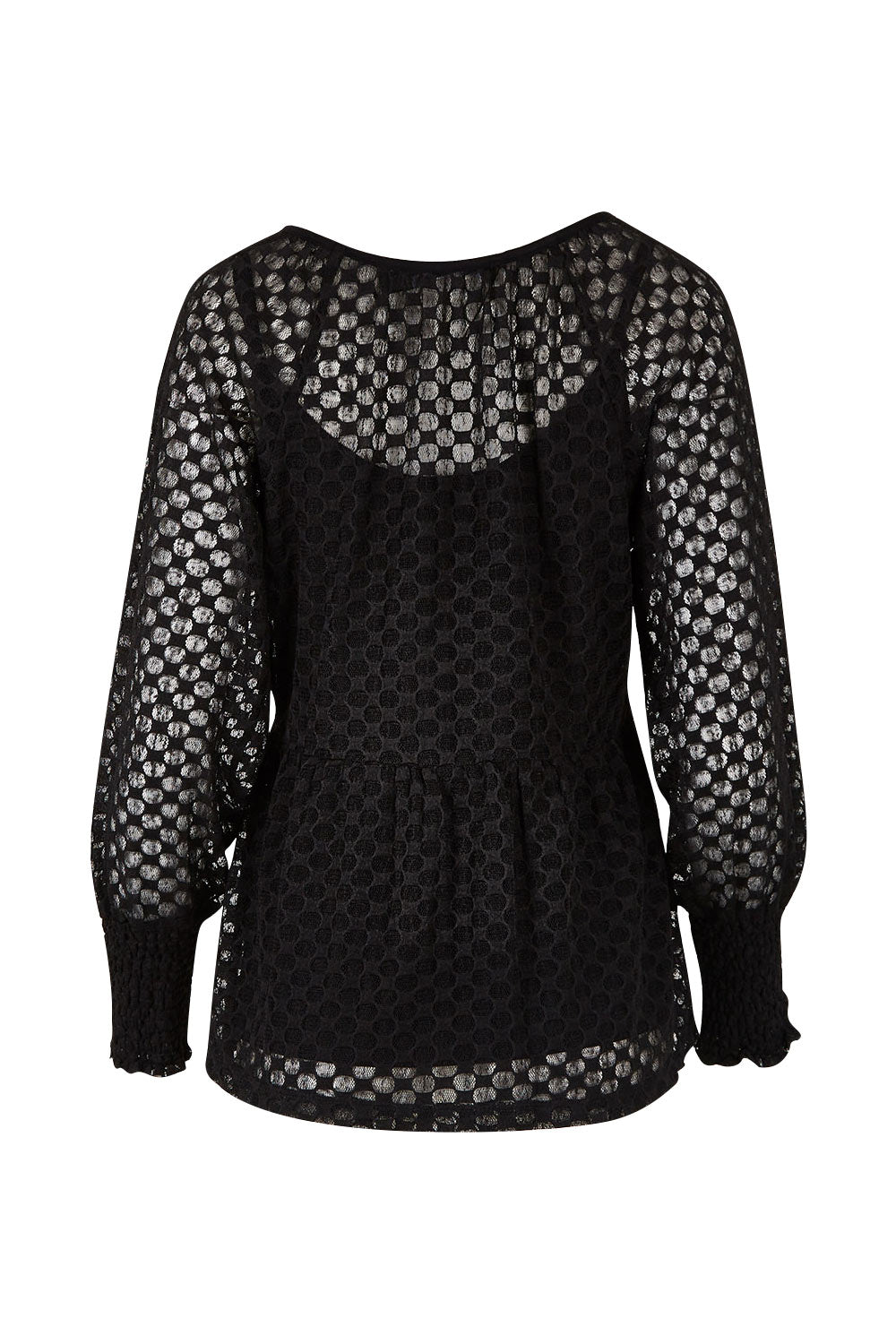 Product shot of The Smocked Cuff Lace Blouse in colour Black (Black), from the back