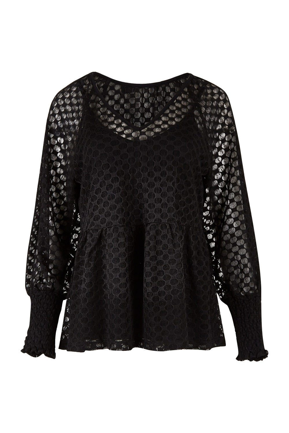 Product shot of The Smocked Cuff Lace Blouse in colour Black (Black), from the front