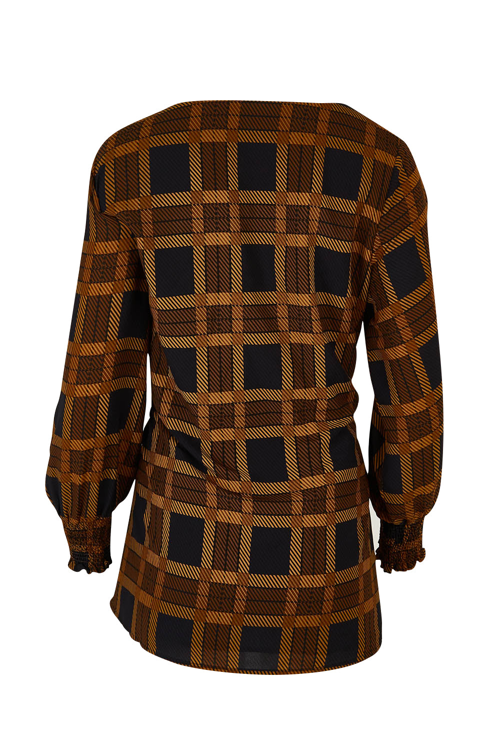 Product shot of The Printed Chiffon Lined Tunic in colour Checks (Blue), from the back