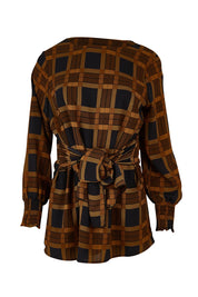 Product shot of The Printed Chiffon Lined Tunic in colour Checks (Blue), from the front