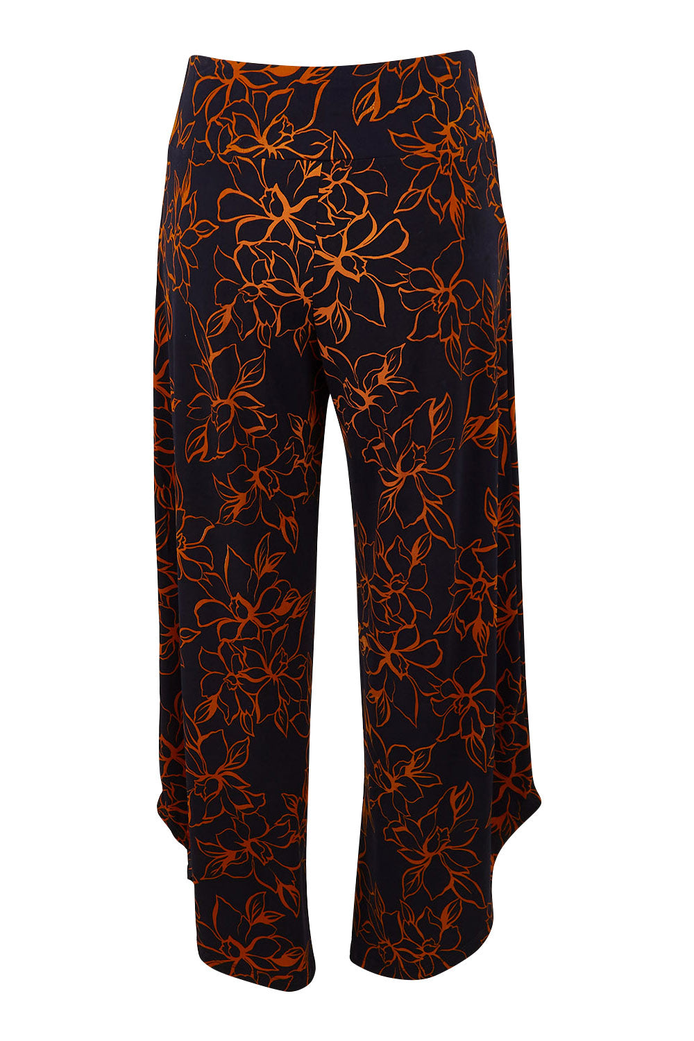 Product shot of The Printed Cross Over Pant in colour Navyfloral (Blue), from the back