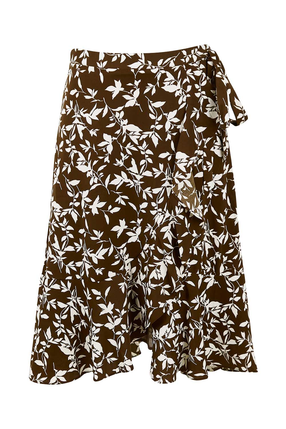 Product shot of The Lined Faux Wrap Ruffle Skirt in colour Vines, from the front