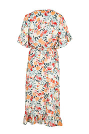 Product shot of The Lined Kimono Sleeve Ruffle Hem Dress in colour Orchard, from the back