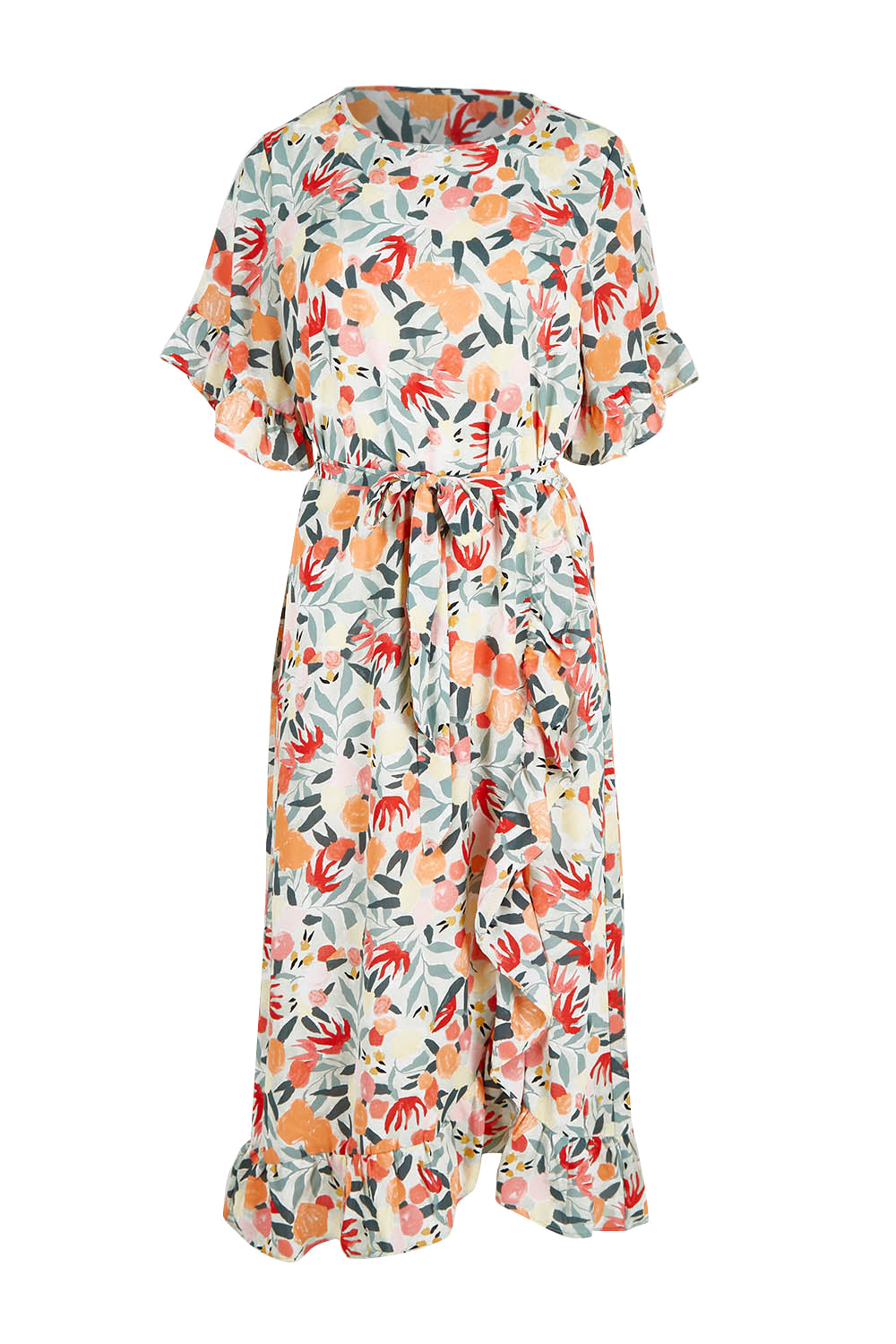 Product shot of The Lined Kimono Sleeve Ruffle Hem Dress in colour Orchard, from the front