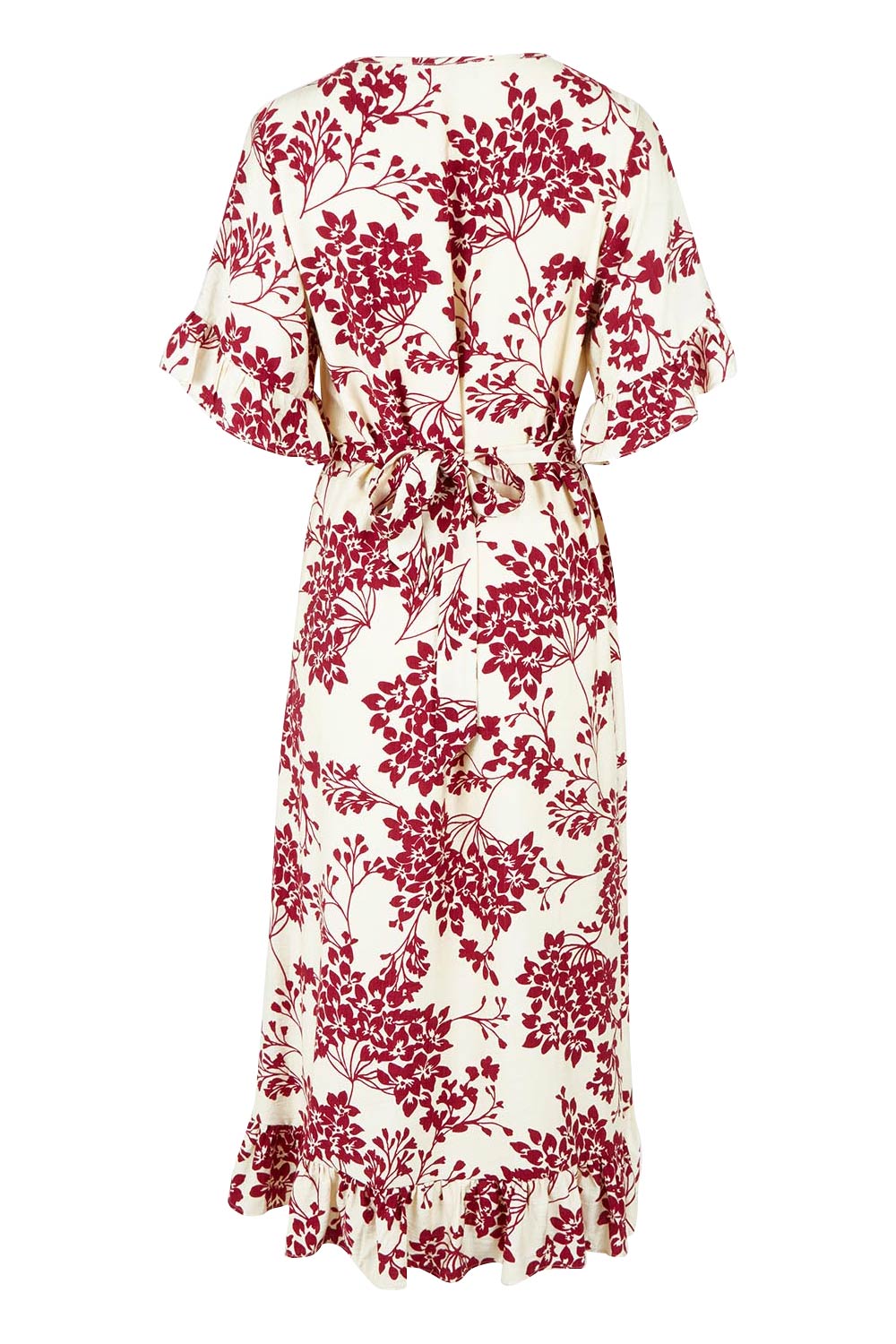 Product shot of The Lined Kimono Sleeve Ruffle Hem Dress in colour Winebloom (Red), from the back