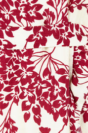 Product shot of The Lined Kimono Sleeve Ruffle Hem Dress in colour Winebloom (Red), detail