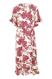 Product shot of The Lined Kimono Sleeve Ruffle Hem Dress in colour Winebloom (Red), from the front