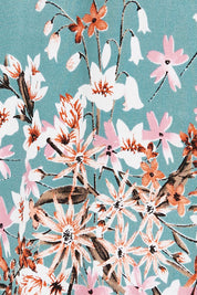 Product shot of The Butterfly Sleeve Top in colour Fiori (Blue), detail