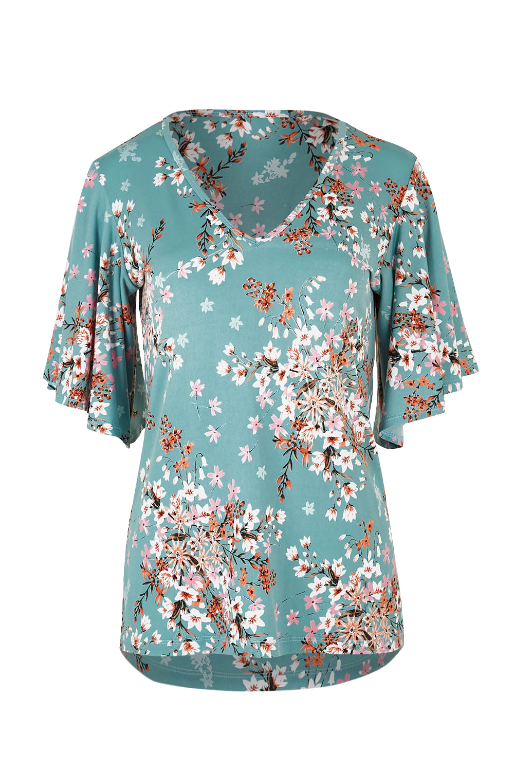 Product shot of The Butterfly Sleeve Top in colour Fiori (Blue), from the front