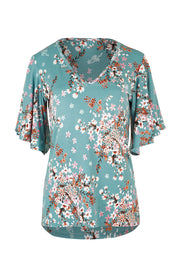 Product shot of The Butterfly Sleeve Top in colour Fiori (Blue), from the front