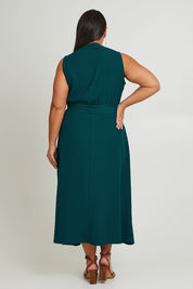 Model Ashleigh wearing size 16 of The Adore Dress in colour Jewel (Green), from the back