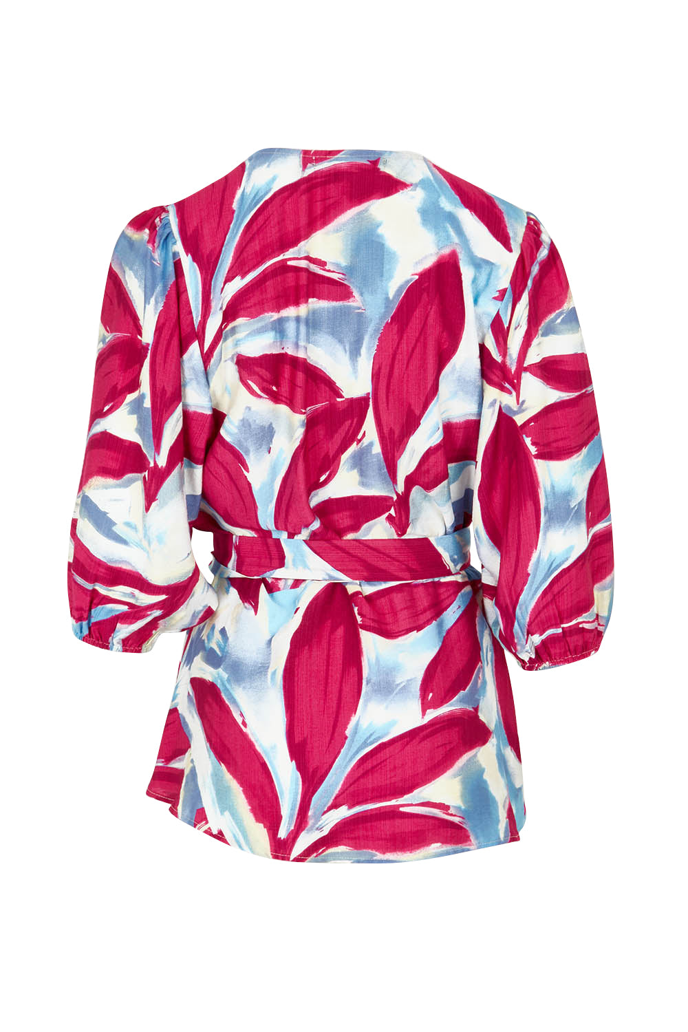Product shot of The Printed Blouson Sleeve Wrap Blouse in colour Pinkleaf (Pink), from the back