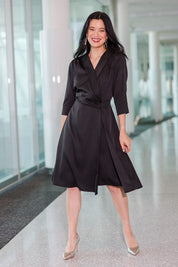 Model Miranda wearing size 10 of The Contemporary Lapel Dress in colour Black (Black), from the front, showing the whole outfit