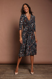 Model Amanda wearing size 10 of The 3/4 Sleeve Printed Jersey Dress in colour Butterfly, from the front, showing the whole outfit