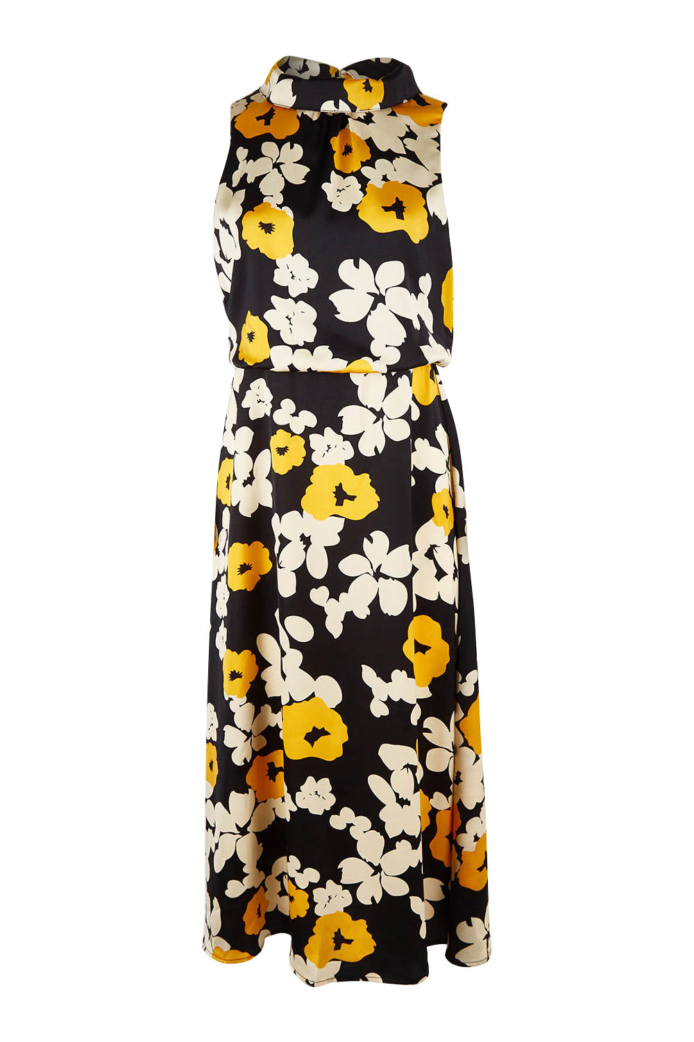 Product shot of The Printed Roll Neck Dress in colour Flower (Black), from the front