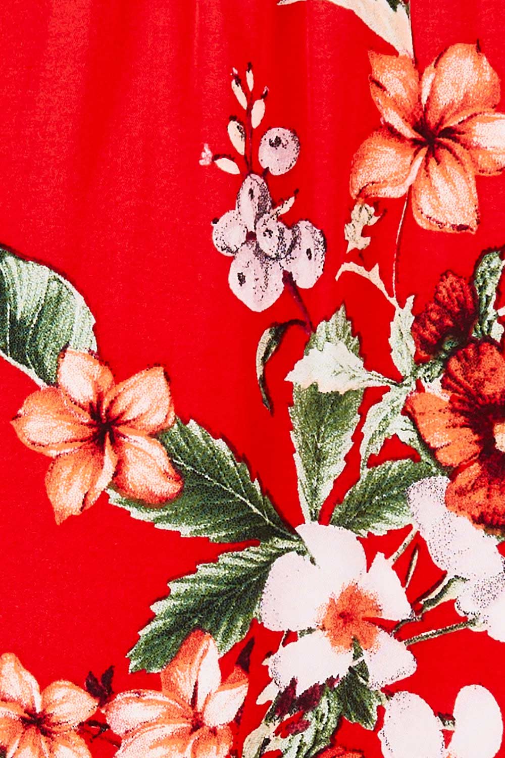 Product shot of The Printed Smock Waist Dress in colour Hibiscus (Red), detail