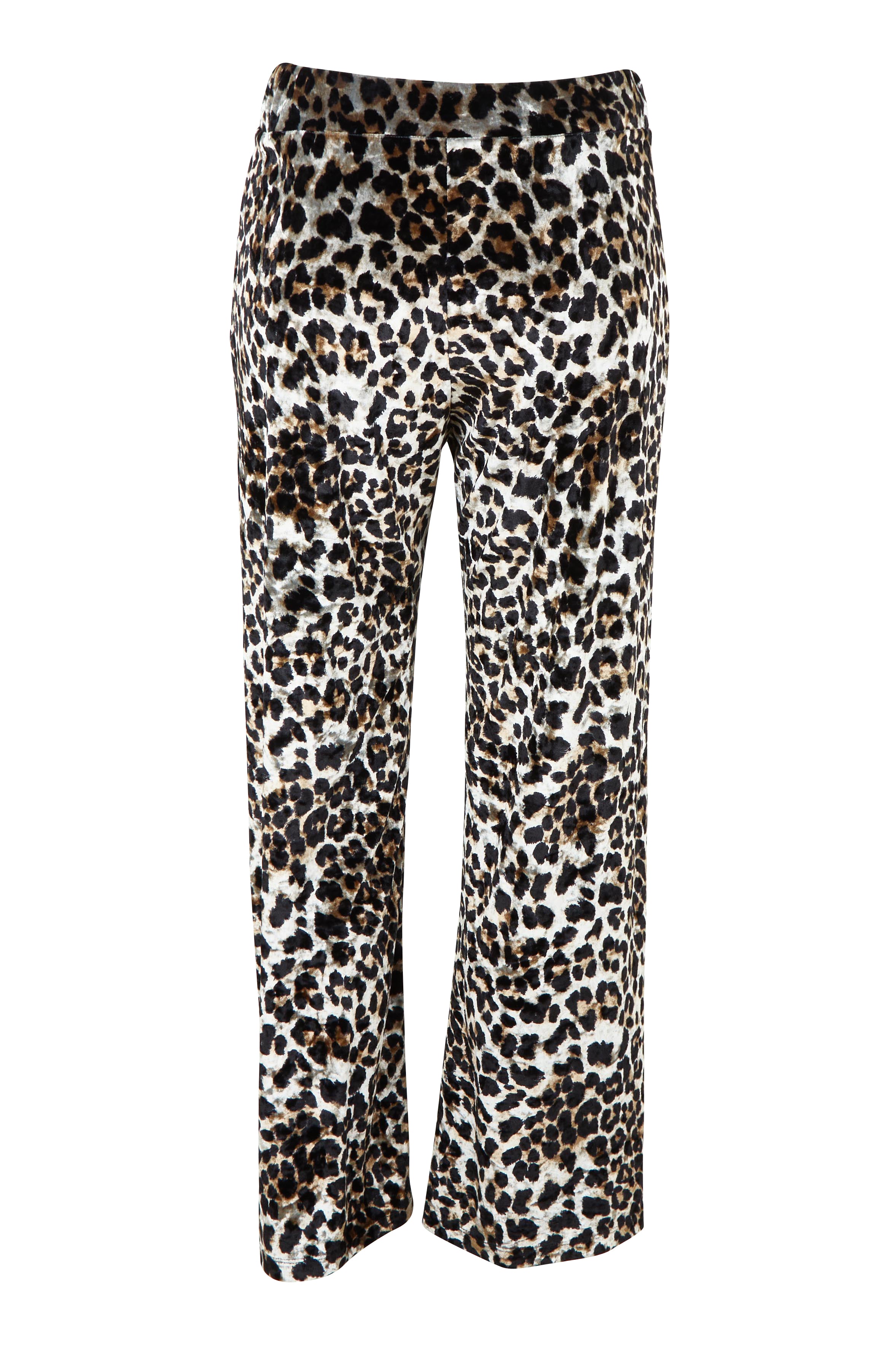 Product shot of The Printed Velvet Pull On Pant in colour Leopard (Black), from the back