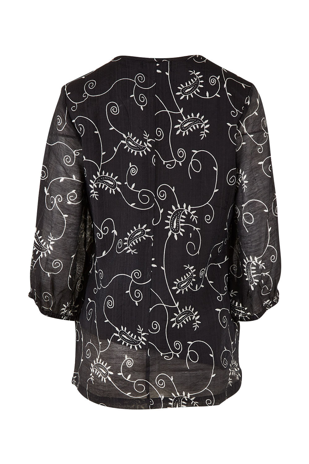Product shot of The Lined V Neck Blouse in colour Vines (Black), from the back