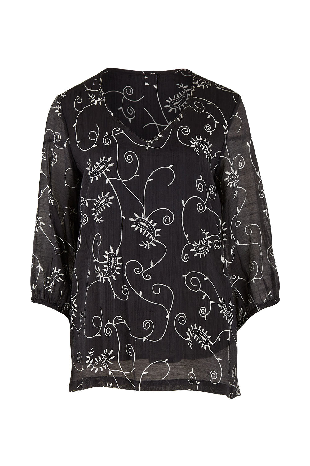 Product shot of The Lined V Neck Blouse in colour Vines (Black), from the front