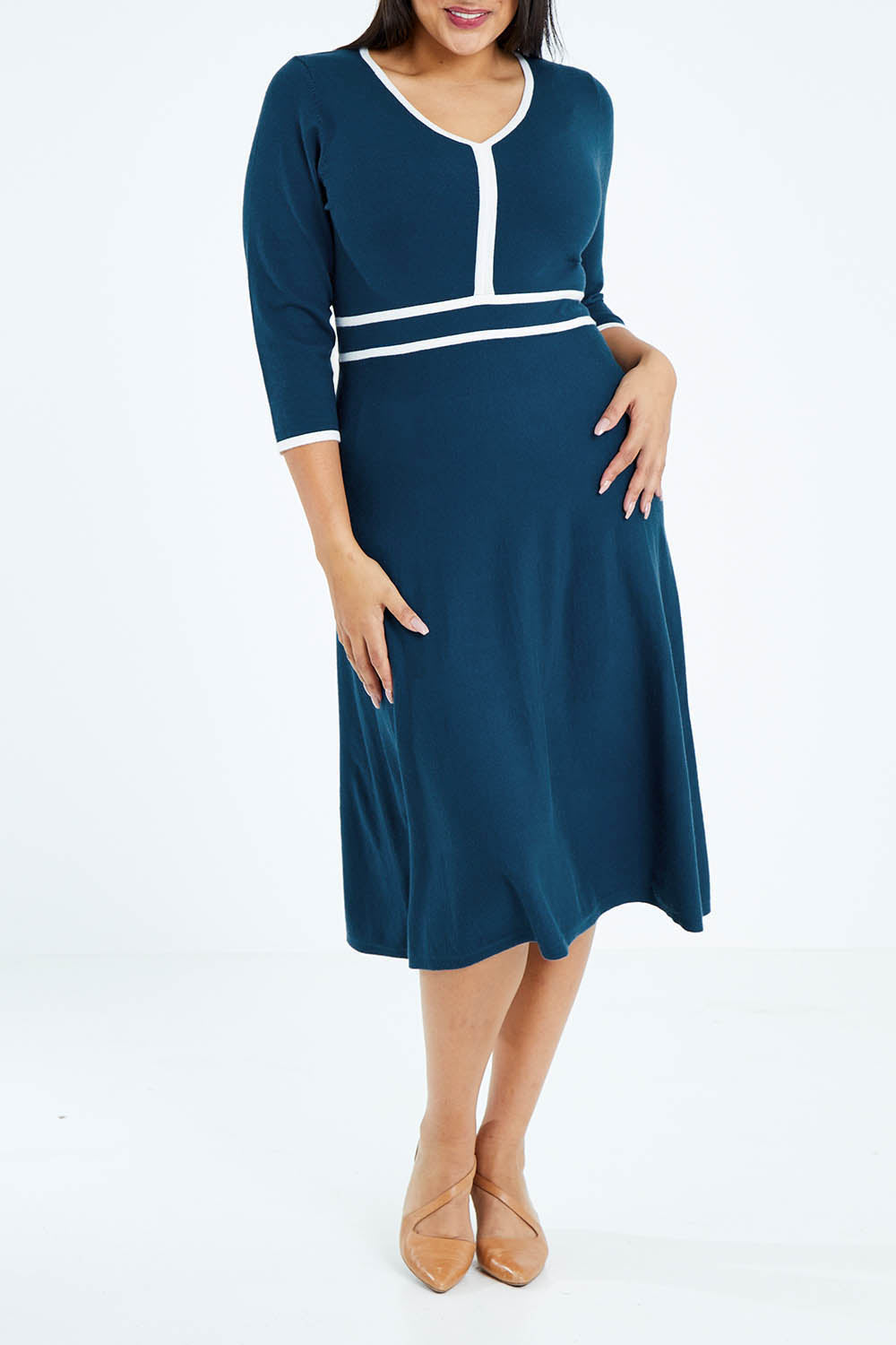 Model Sasha-Lee wearing size XL of The Contrast Trim Knit Dress in colour Petrol (Blue), from the front, cropped image