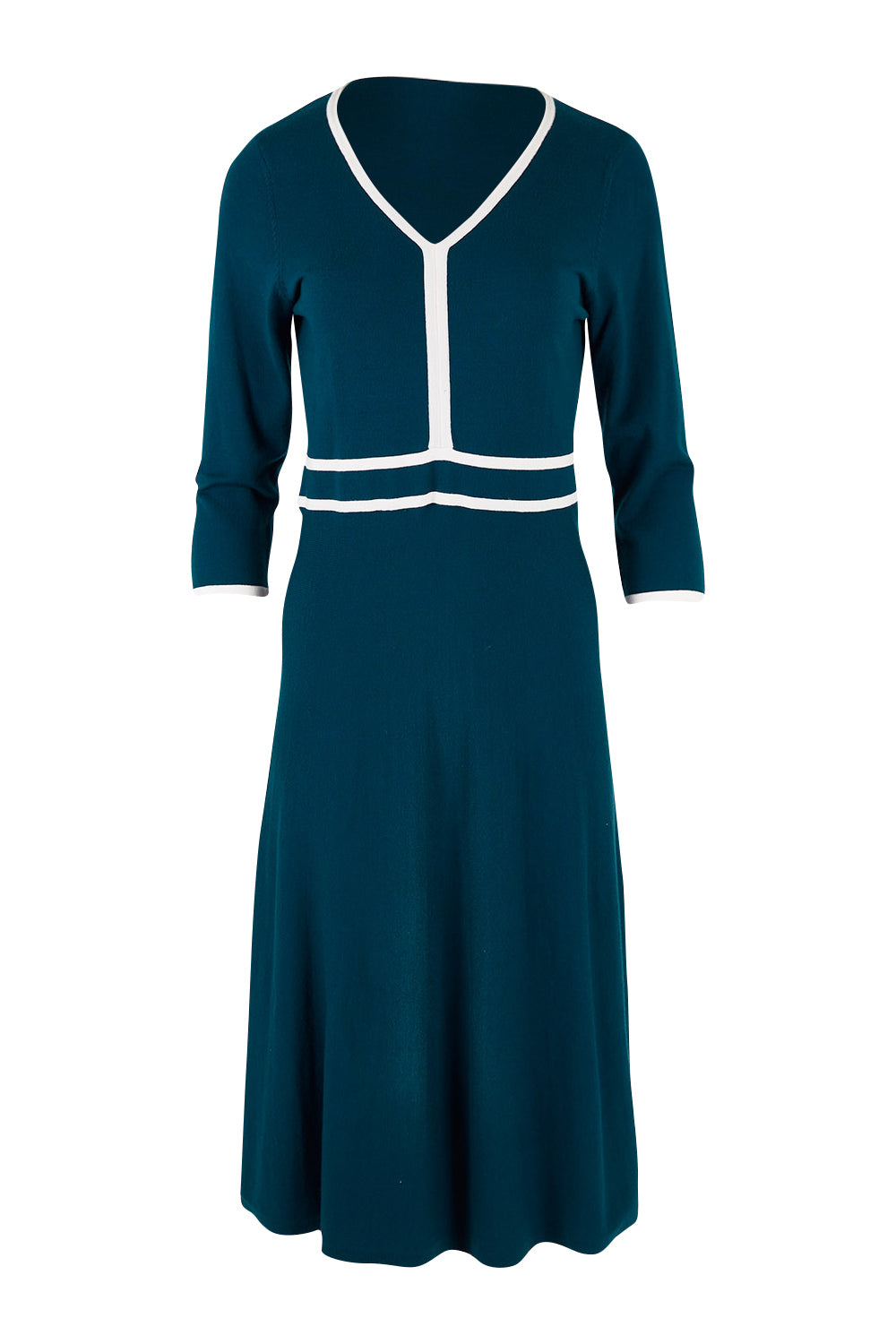 Product shot of The Contrast Trim Knit Dress in colour Petrol (Blue), from the front
