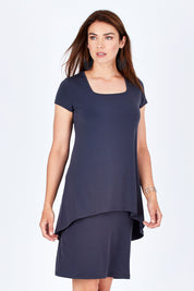 Model Rebecca wearing size 10 of The Short Sleeve Rita Dress in colour SmokeyGrey (Grey), from the front, cropped image