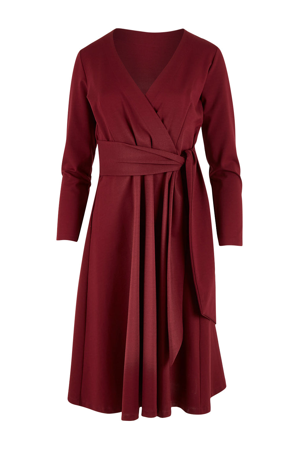 Product shot of The Fit And Flare Ponte Dress in colour Burgundy (Red), from the front