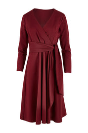Product shot of The Fit And Flare Ponte Dress in colour Burgundy (Red), from the front