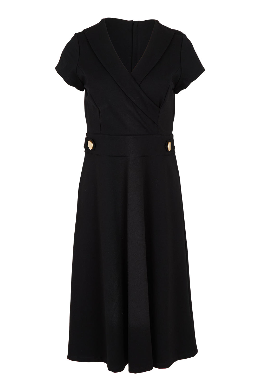 Product shot of The Cap Sleeve Ponte Lapel Dress in colour Black (Black), from the front